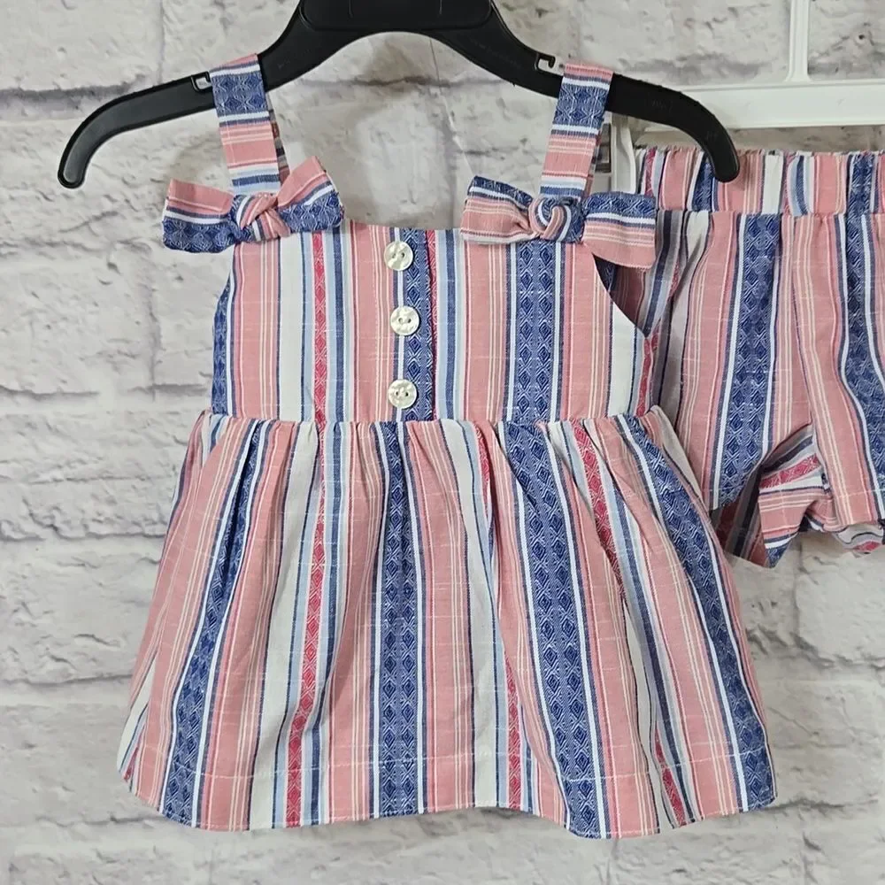Bonnie Baby Americana Bow Stripe Woven 2pc Matching Short Set Girls Outfit 12M